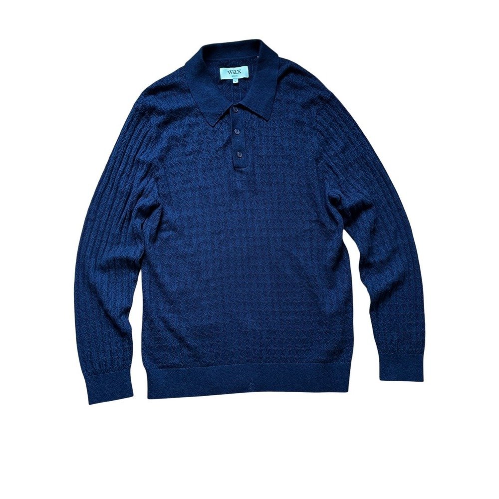 Wax London Shirt Naples Diamond Ribbed Cotton Cashmere Polo Sweater Blue, Medium